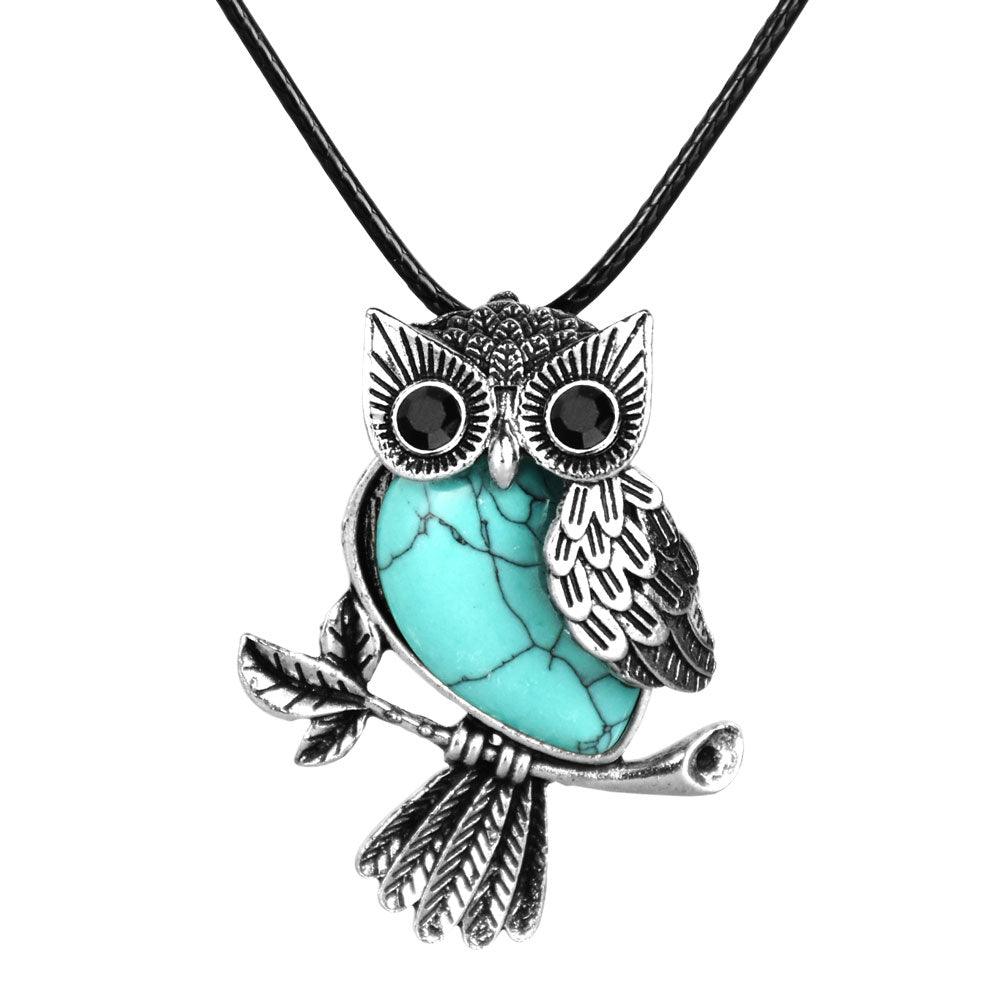 Silver & Semi-Precious Stone Owl Necklace | 18" | Colors Vary