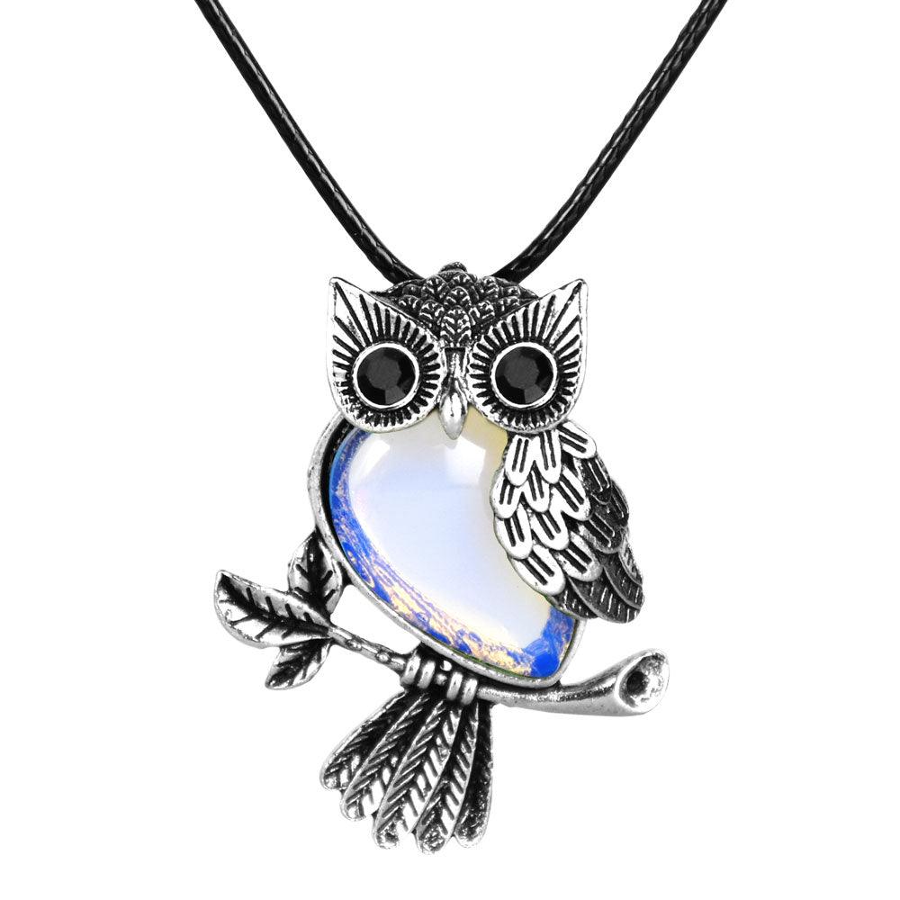 Silver & Semi-Precious Stone Owl Necklace | 18" | Colors Vary