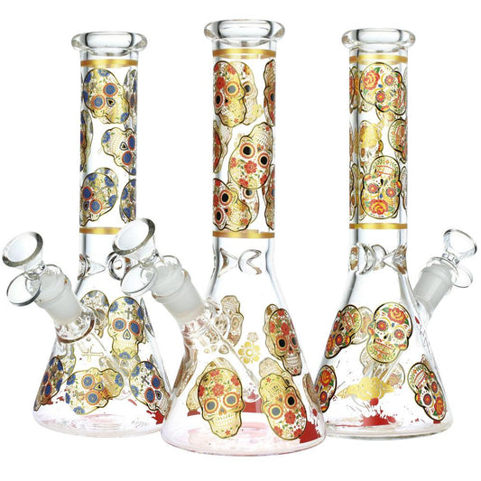 Sugar Skull Beaker Water Pipe | 9.75" | Designs Vary