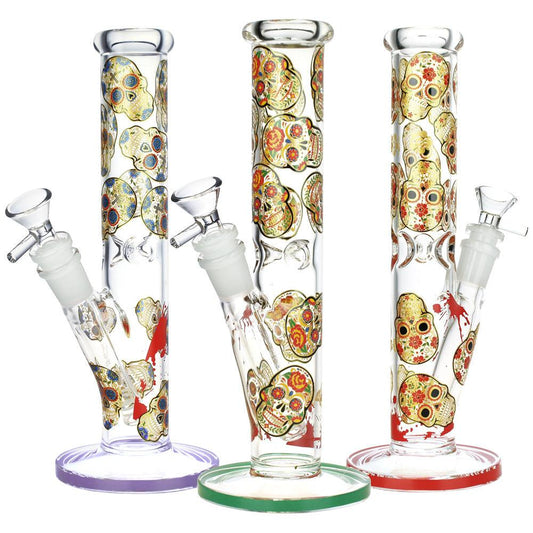 Sugar Skull Straight Tube Water Pipe | 9.75" | Colors Vary