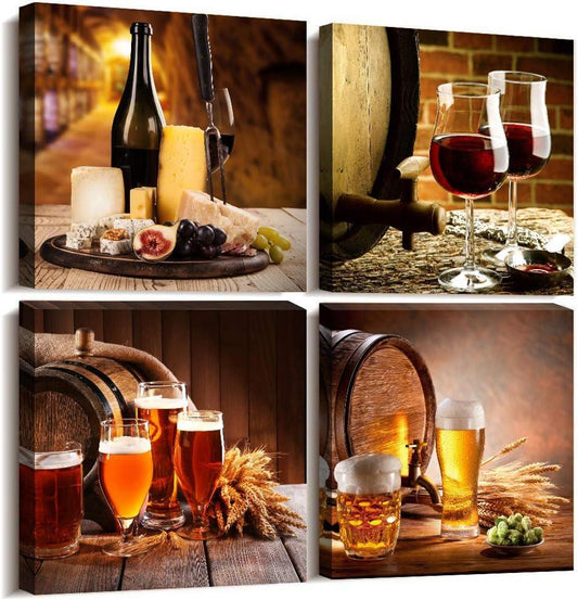 Kitchen wall decor Restoring ancient ways Still life Wine glass Wine barrel Canvas Prints Wall Art for Dining Room Bar Home Decorations 12x12 inch/4 piece restaurant posters decor Artwork Home decor