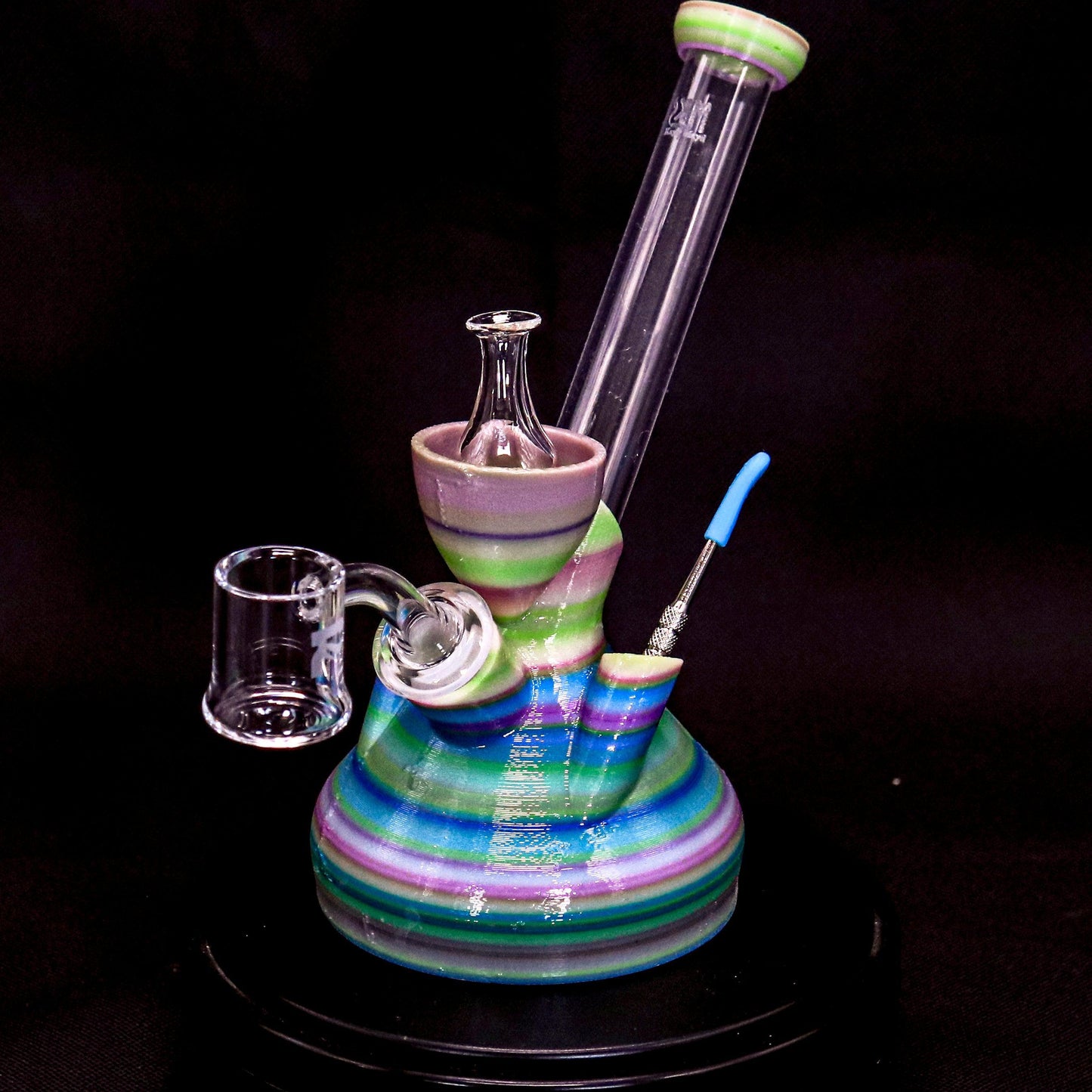 Blue green unbreakable shatterproof Dab Rig with quartz banger, dab tool and glass carb cap