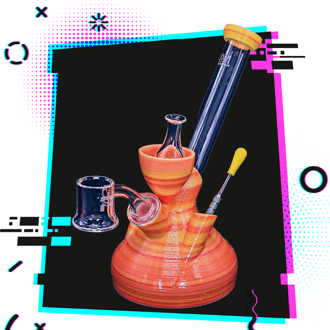 Orange Red and Yellow Shatterproof Dab Rig with quartz banger, dab tool and glass carb cap